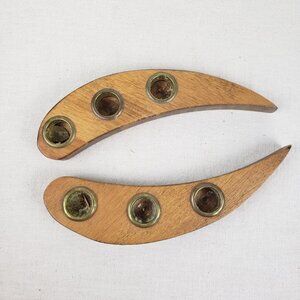 Weston Bowl Mill Pair Wood Brass Tear Drop Mid Century Candle Stick Holders